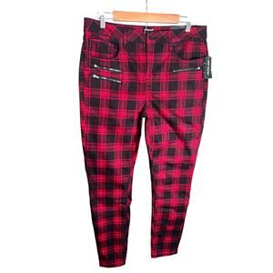 Hot Topic NWT Denim Grunge Punk hi Rise Super Skinny Sz 15 Plaid Red black zip